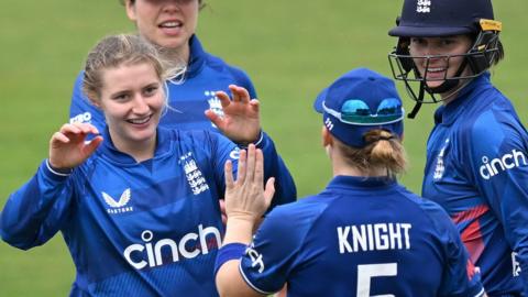 England's Charlie Dean celebrates a wicket in ODI v Sri Lanka