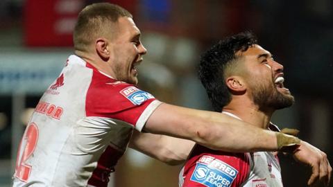 Hull KR's Peta Hiku celebrates his first try for the club