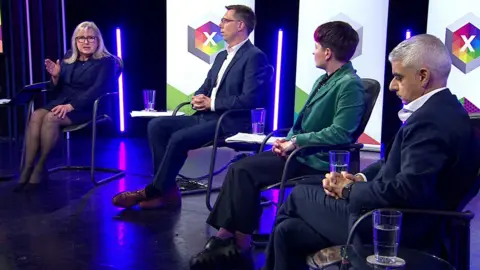 Susan Hall, Rob Blackie, Zoë Garbett and Sadiq Khan taking part in the debate