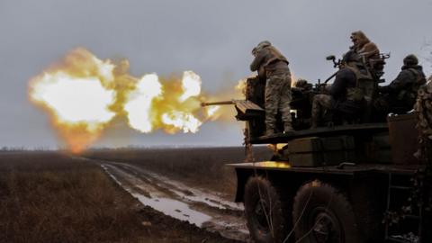 Ukrainian servicemen of 228 Separate Battalion of the 127th Separate Territorial Defence Brigade shoot the anti-aircraft artillery complex S-60 from their position on a frontline in Zaporizhzhia area, Ukraine, 18 December 202