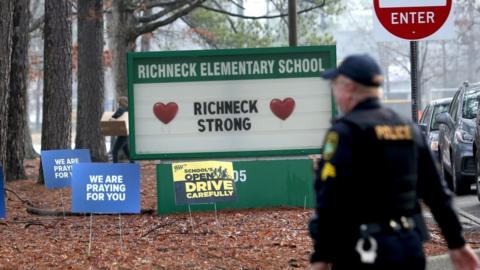 Officers on site as students begin to arrive for their first day back at Richneck Elementary School