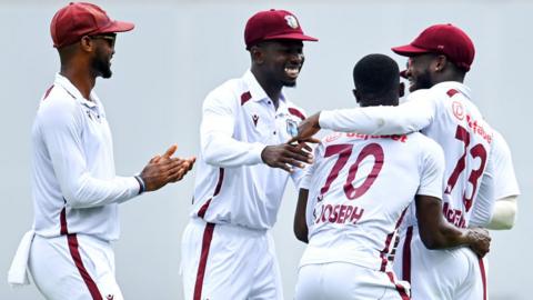 West Indies celebrate a wicket