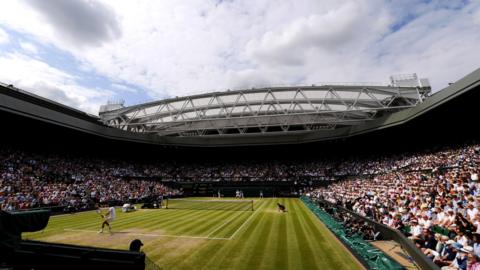 A view inside Centre Court at Wimbledon during the 2019 men's singles final between Roger Federer and Novak Djokovic