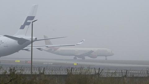 Passengers aircrafts ready to takeoff in morning heavy fog at Terminal 3 airport on January 3, 2024 in New Delhi, India