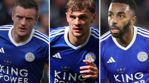 Split image of Leicester City's Jamie Vardy, Kiernan Dewsbury-Hall and Ricardo Pereira