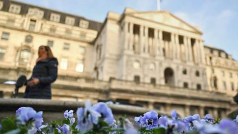 Flowers bloom outside the Bank of England, Britain's central bank, in the City of London on February 2, 2023