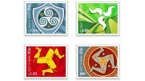 Images of the first digital stamps used by the Isle of Man Post Office, featuring different versions of the Triskelion flag.