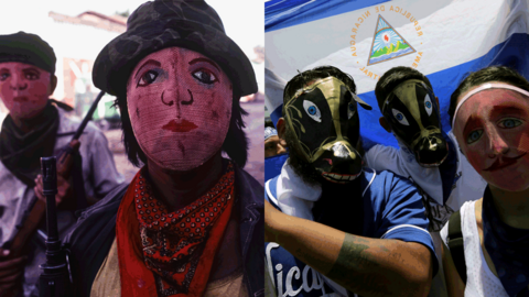 Sandinista fighters with masks in Nicaragua in 1979/Masked opposition demonstrators take part in a nationwide march called 'United we are a volcano', in Managua on July 12, 2018.