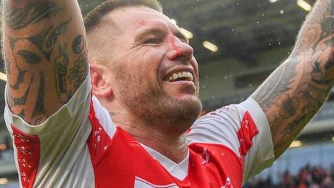 Shaun Kenny-Dowall pumps the air in celebration after Hull KR's Challenge Cup semi-final win over Wigan