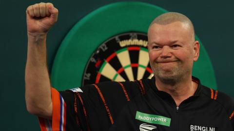 Raymond van Barneveld celebrates his win over Radek Szaganski at the 2024 PDC World Championship