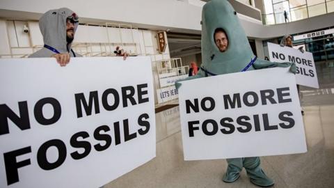 Three climate activists in costumes at COP28