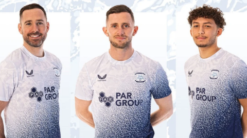 Players wearing the new limited-edition 'splash' design shirt to honour Sir Tom Finney