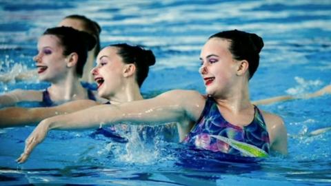 Synchronised swimmers in pool