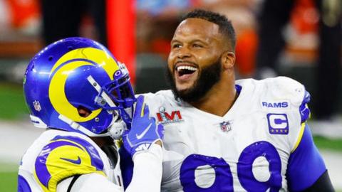 Aaron Donald celebrates winning Super Bowl 56 with the Los Angeles Rams
