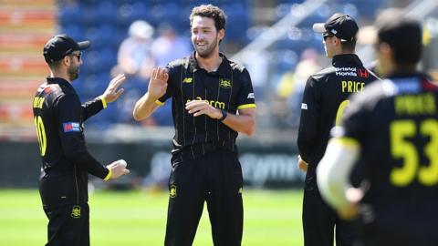 Paul van Meekeren of Gloucestershire celebrates the wicket of Sam Northeast of Glamorgan