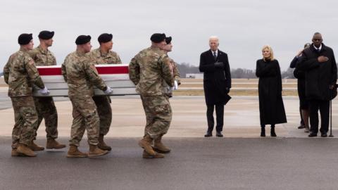 US President Joe Biden and First Lady Jill Biden attend a repatriation ceremony for three American soldiers killed in a drone attack