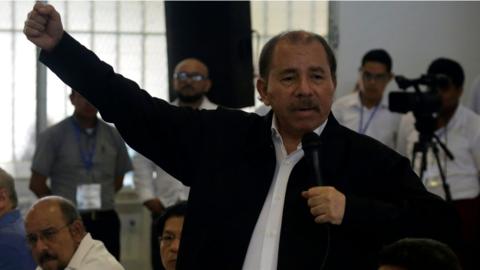 Nicaraguan President Daniel Ortega speaks during the national dialogue at the Seminary of Our Lady of Fatima, in Managua on May 16, 2018