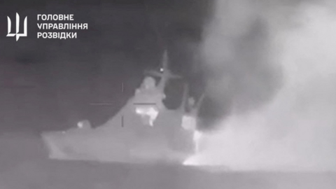 Footage showing released by Ukraine purported to show the Sergey Kotov damaged by drones