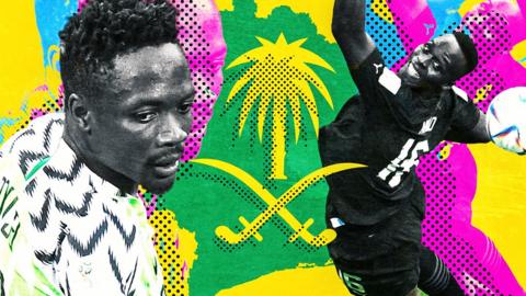 A colourful graphic depicting Ahmed Musa and Edouard Mendy, with a Saudi Arabian motif in the middle