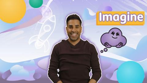 Presenter Dr Ranj Singh in a maroon jumper, smiling. Purple graphic background with a smiling cloud emoji and the word 'Imagine'.