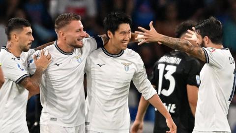 Lazio celebrate after Daichi Kamada's winner at Napoli