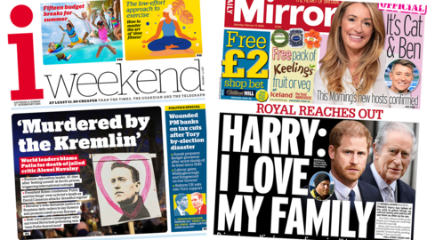 The headline in the Mirror reads, "Harry: I love my family", the headline in the i reads, "Murdered by the Kremlin".
