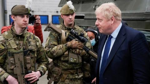 British Prime Minister Boris Johnson meets with British troops at the NATO enhanced Forward Presence battle group in Tapa military base, Estonia
