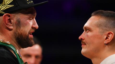 Tyson Fury and Oleksandr Usyk face off after the Heavyweight fight between Tyson Fury and Francis Ngannou