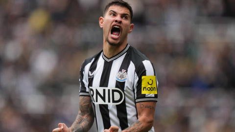 Newcastle's Bruno Guimaraes reacts after his side score against Tottenham in the Premier League