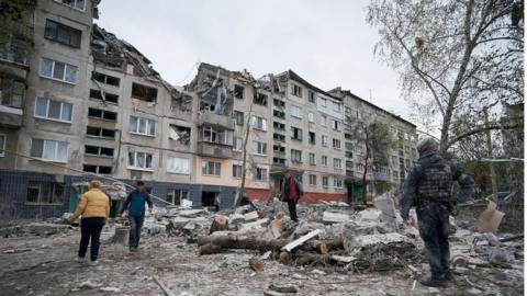 A damaged building in Slovyansk