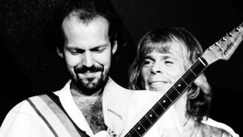 Lasse Wellander (left) and Abba's Björn Ulvaeus on stage in 1979