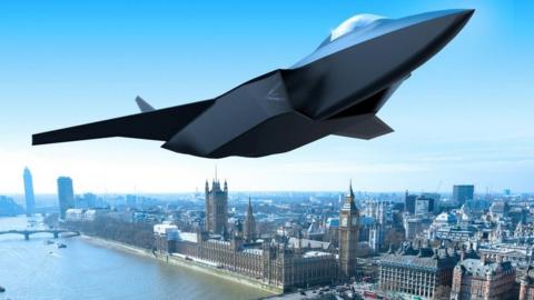 Concept art shows the new fighter jet rising about the Houses of Parliament
