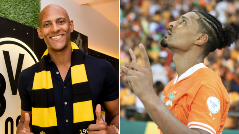 Sebastien Haller with Borussia Dortmund and after scoring during the 2023 Africa Cup of Nations