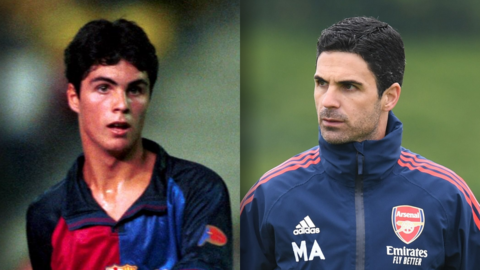 Mikel Arteta pictured playing for Barcelona and managing Arsenal