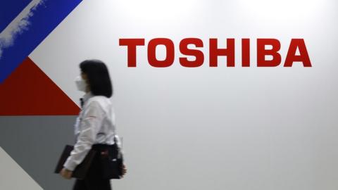 The Toshiba Corp. logo at the Combined Exhibition of Advanced Technologies (Ceatec) in Chiba, Japan, on Tuesday, Oct. 17, 2023.