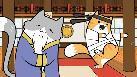 Karate Cats practising their English skills in the dojo.