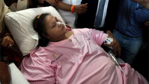 Eman Ahmed, who was possibly the world"s heaviest woman, leaves Saifee hospital, in Mumbai, India, 04 May 2017.