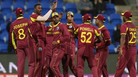 West Indies celebrating a wicket