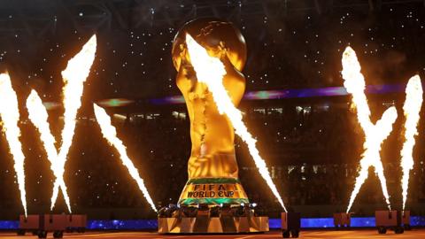 Qatar World Cup 2022 opening ceremony with fireworks and the Jules Rimet trophy
