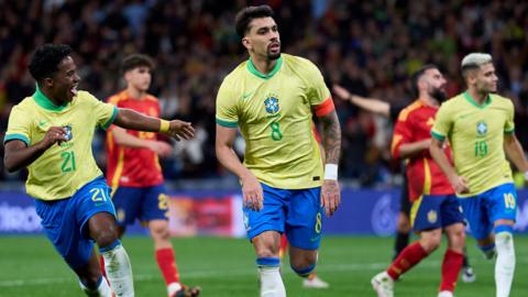 Lucas Paqueta celebrates after scoring for Brazil