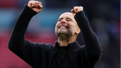 Pep Guardiola reacts after Manchester City's win over Chelsea in the FA Cup semi-final