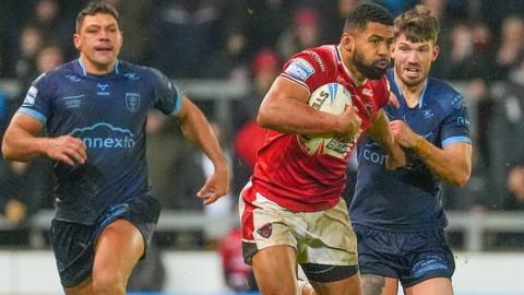 Salford's Kallum Watkins chased by two fellow former England internationals - Hull KR backs Ryan Hall and Oliver Gildart