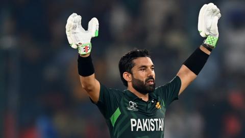 Pakistan's Muhammad Rizwan celebrates his century against Sri Lanka at the 2023 World Cup