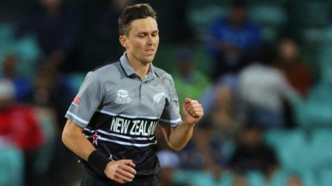 New Zealand bowler Trent Boult celebrates taking a wicket