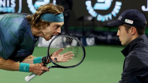 Andrey Rublev shouts at line judge