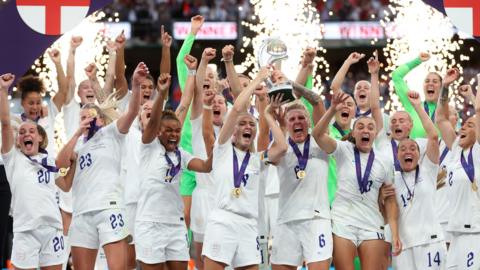 England lifting the Euro 2022 trophy at Wembley