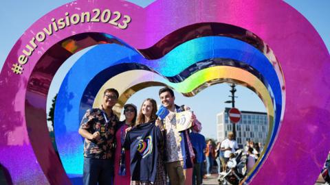 Fans celebrate ahead of The Eurovision Song Contest 2023 - Grand Final at Liverpool Arena on May 13, 2023