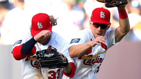 Brendan Donovan and Tommy Edman celebrate the St Louis Cardinals beating the Chicago Cubs on Sunday