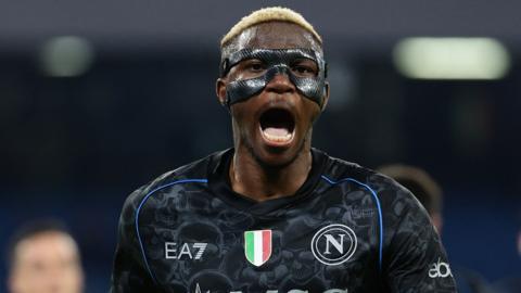 Victor Osimhen celebrates scoring a goal for Napoli