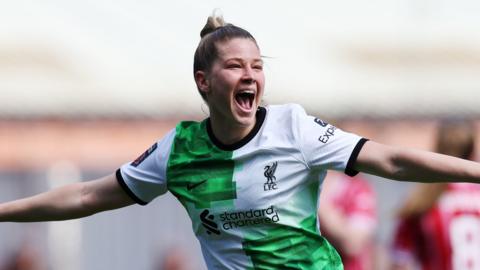 Marie Hobinger celebrates after scoring against Bristol City